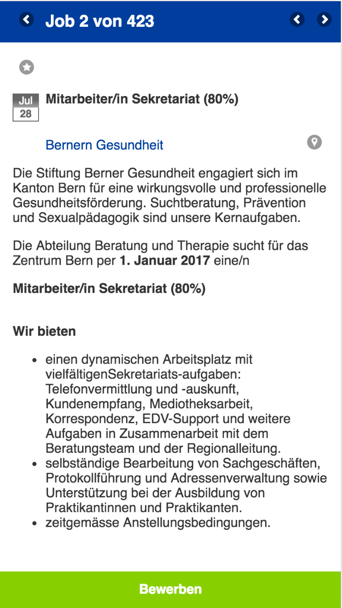 Mobile Darstellung auf mobile.jobs.ch (vor der Änderung)
